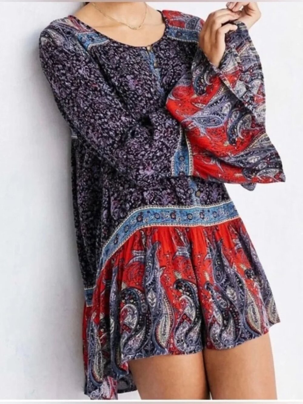 Ecote Boho Paisley Mini Dress Size M Festival Peasant Bell Sleeve Tunic
